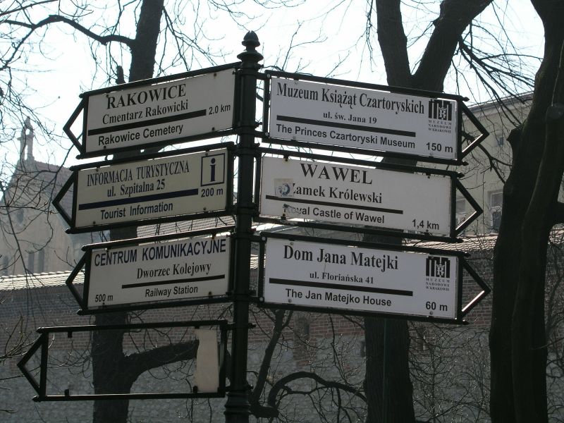 Krakau, Wegweiser in Polnisch und Englisch in den städtischen Anlagen